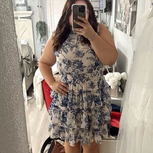 Floral Blue and White Sleeveless Dress